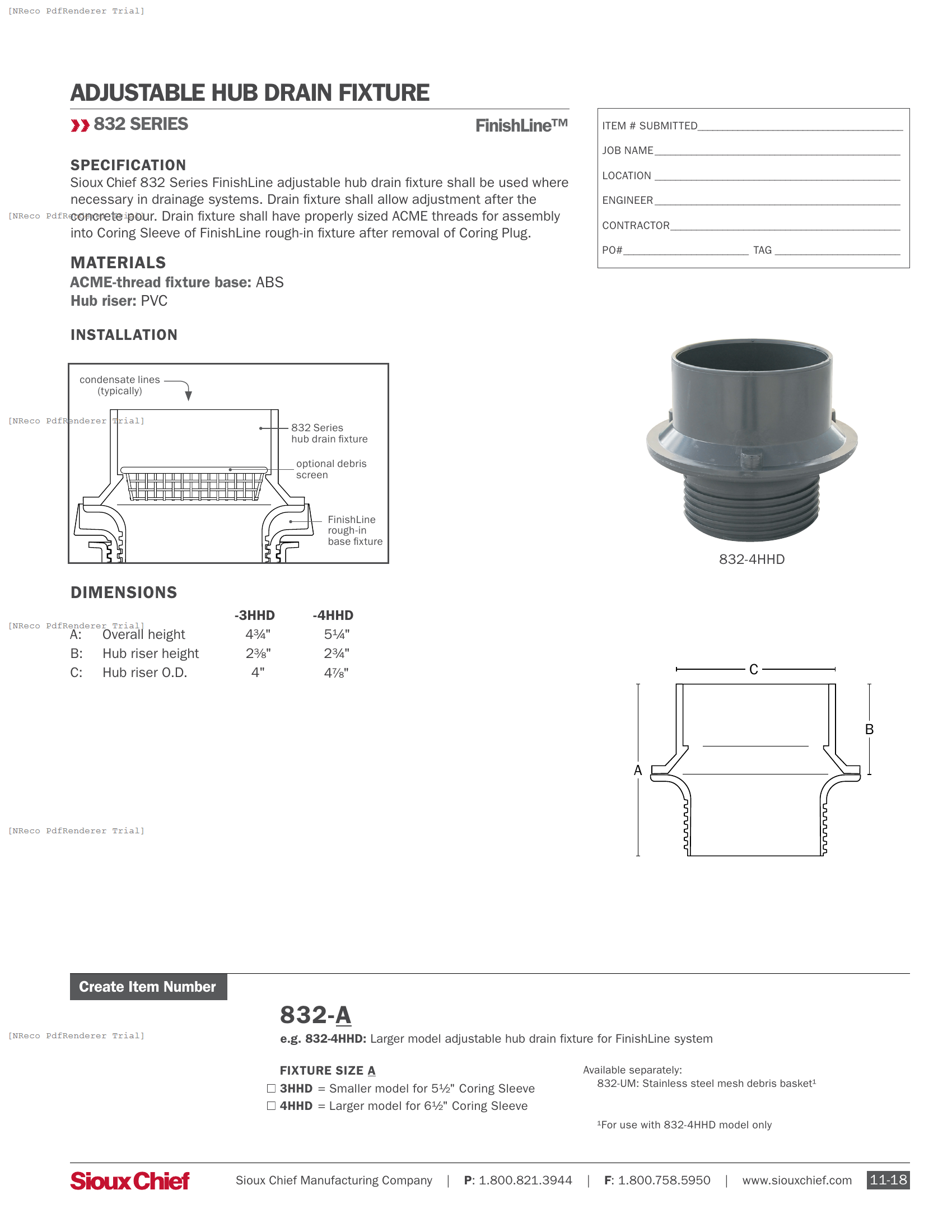 832 SERIES - FINISHLINE HUB DRAIN FIXTURE - SPEC SHEET.PDF Specification Document